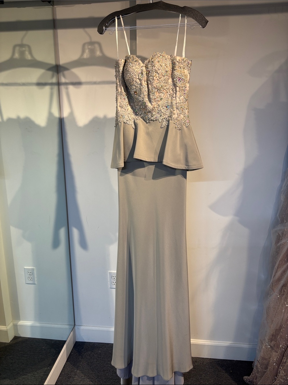 Tony Bowls Grey Peplum Evening Gown